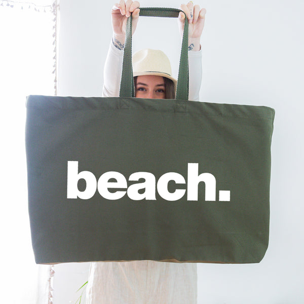 Really Big Beach Bag - Weekender Bag - Giant Canvas Grocery Bag - Large Canvas Shopper - Oversized Olive Canvas Bag With White Slogan Beach Print- Large Tote Bag