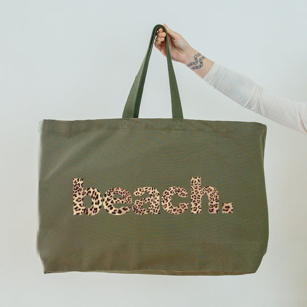 Really Big Beach Bag - Weekender Bag - Giant Canvas Grocery Bag - Large Canvas Shopper - Oversized Olive Canvas Bag With Leopard Print Slogan Beach Print- Large Tote Bag