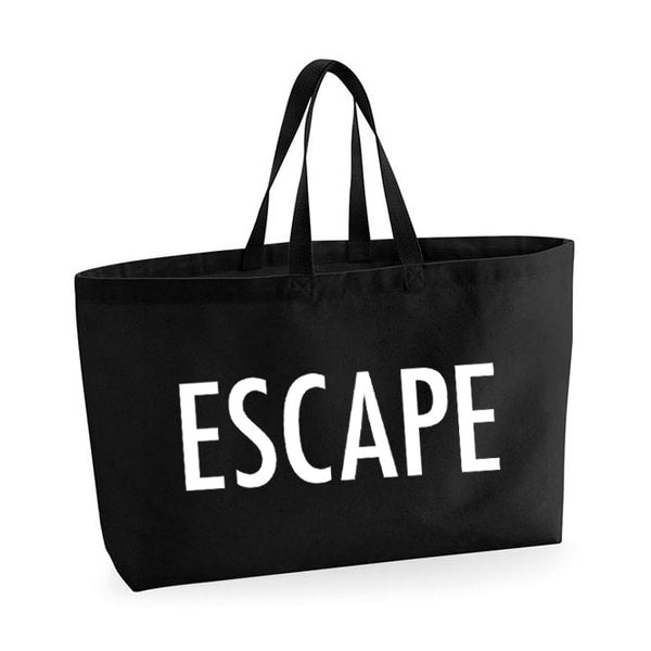 black oversized tote bag with large white escape text