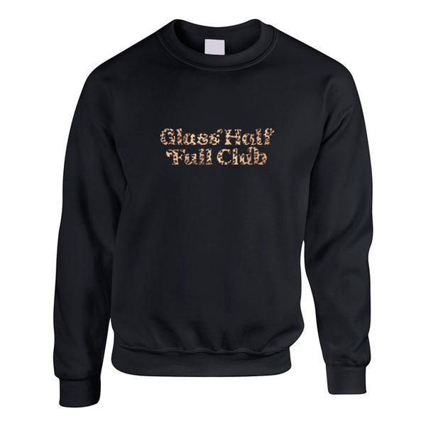 Black Oversized Unisex Sweatshirt with Glass Half Full Club slogan printed in leopard print