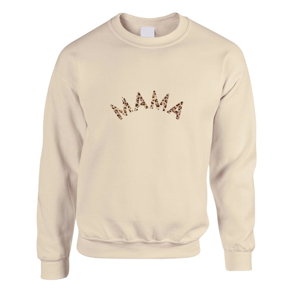 Sand coloured sweatshirt with a MAMA slogan printed in leopard print