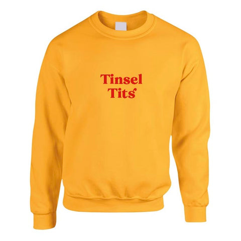 Yellow Christmas Jumper with 'Tinsel Tits' text in red