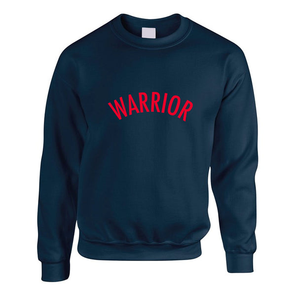 Navy sweatshirt with a warrior slogan printed in red