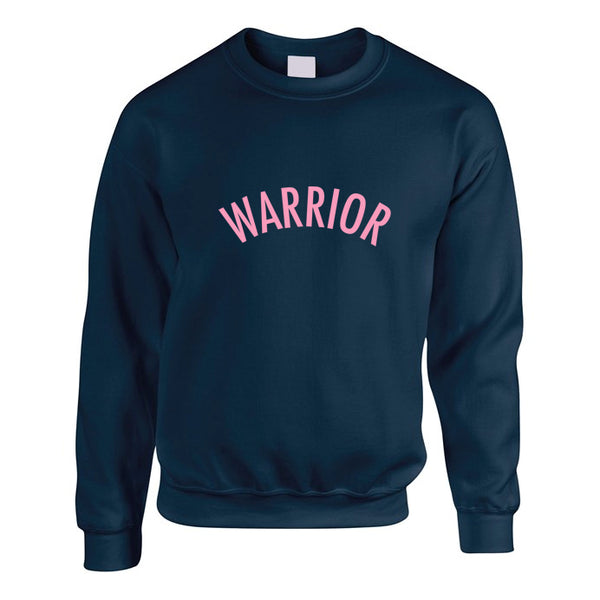 Navy sweatshirt with a warrior slogan printed in light pink