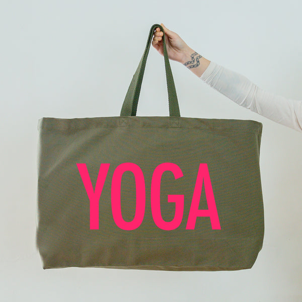 Yoga Bag - Really Big Yoga Tote Bag - Olive Tote Bag With the word Yoga printed in neon pink