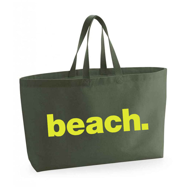 Really Big Beach Bag - Weekender Bag - Giant Canvas Grocery Bag - Large Canvas Shopper - Oversized Olive Canvas Bag With Neon Yellow Slogan Beach Print- Large Tote Bag