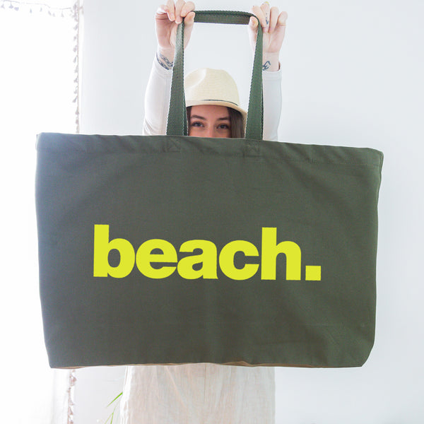 Really Big Beach Bag - Weekender Bag - Giant Canvas Grocery Bag - Large Canvas Shopper - Oversized Olive Canvas Bag With Neon Yellow Slogan Beach Print- Large Tote Bag