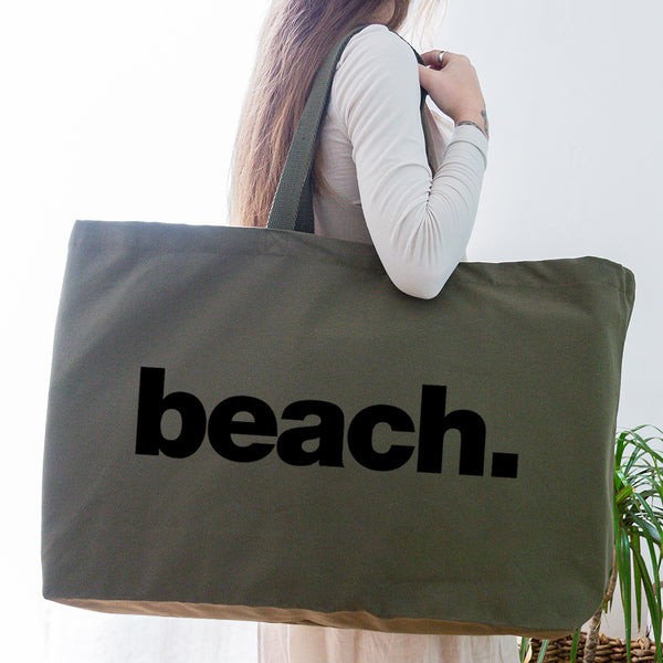 Really Big Beach Bag - Weekender Bag - Giant Canvas Grocery Bag - Large Canvas Shopper - Oversized Olive Canvas Bag With Black Slogan Beach Print- Large Tote Bag