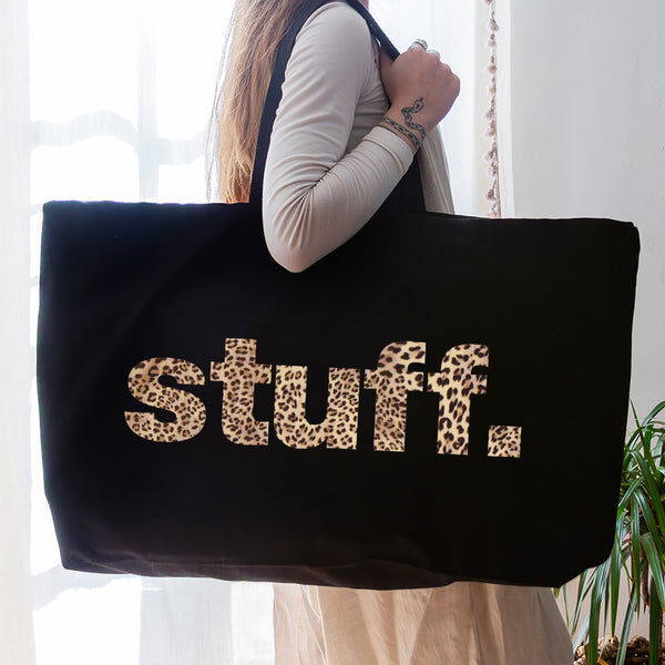 Really Big Bag - Oversized Tote - Big Black Stuff Bag - Leopard Print Bag