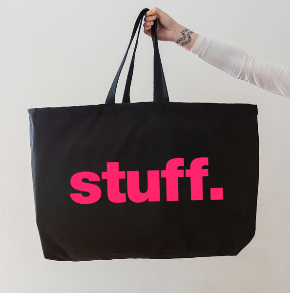 Really Big Bag - Oversized Tote - Big Black Stuff Bag - Neon Pink Bag