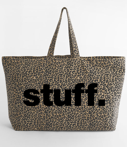 Leopard print tote bag with 'stuff.' text in black on a white background
