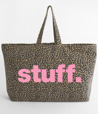Leopard print tote bag with 'stuff.' text in light pink on a white background