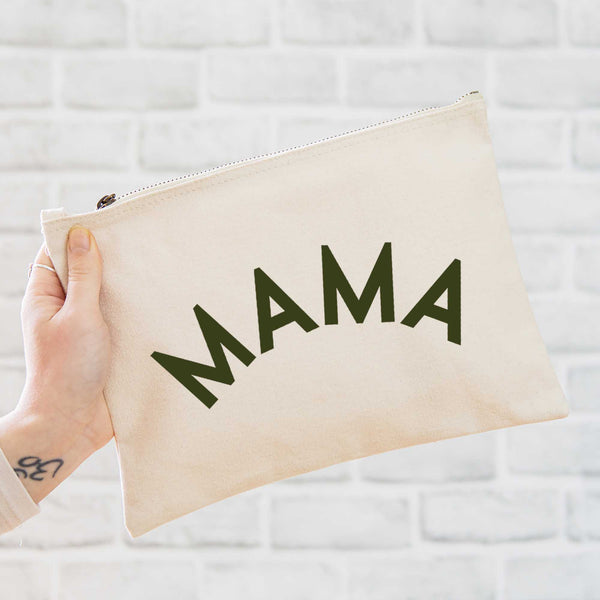 an oversized natural coloured pouch bag printed with the slogan 'mama' in military green