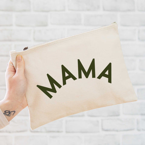 an oversized natural coloured pouch bag printed with the slogan 'mama' in military green
