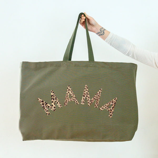 Really Big Oversized Olive Green Tote Bag With Mama Slogan in Leopard Print