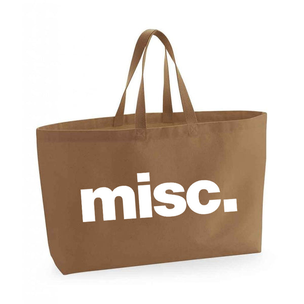Misc Tan Oversized Tote Bag_White Print_Cutout_Russet and Gray