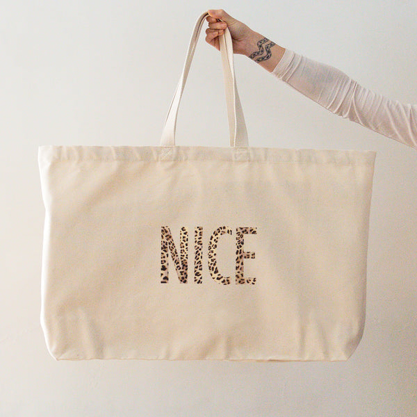 Naughty or Nice Really Big Oversized Christmas Natural Coloured Tote Bag Printed in Leopard Print