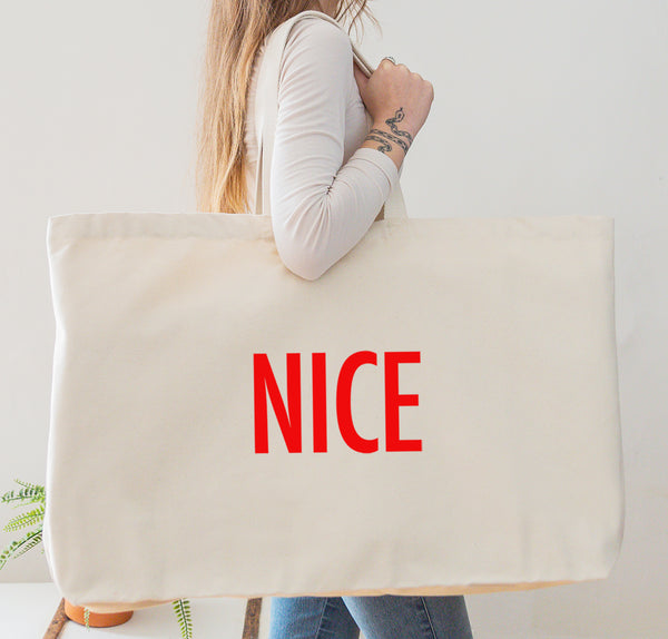 Naughty or Nice Really Big Oversized Christmas Natural Coloured Tote Bag Printed in Red