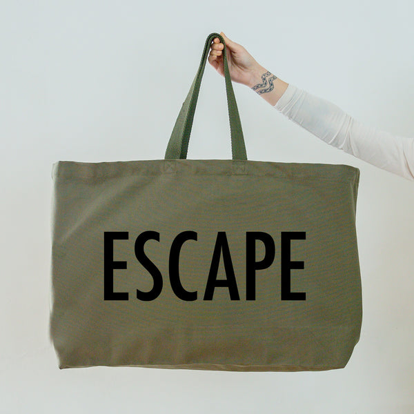 Really Big Olive Green Tote Bag - Black Escape Slogan - Weekender Bag - Giant Canvas Grocery Bag - Large Canvas Shopper - Oversized Canvas Bag - Large Tote Bag