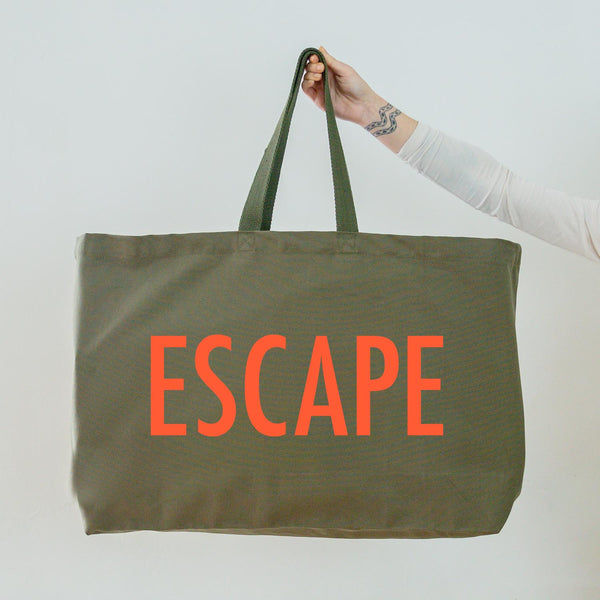 Really Big Olive Green Tote Bag - Coral Escape Slogan - Weekender Bag - Giant Canvas Grocery Bag - Large Canvas Shopper - Oversized Canvas Bag - Large Tote Bag