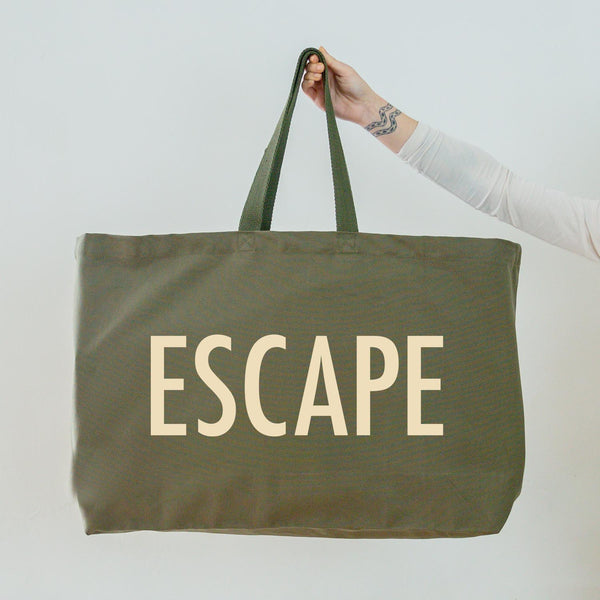 Really Big Olive Green Tote Bag - Cream Escape Slogan - Weekender Bag - Giant Canvas Grocery Bag - Large Canvas Shopper - Oversized Canvas Bag - Large Tote Bag