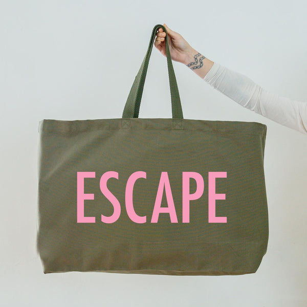 Really Big Olive Green Tote Bag - Light Pink Escape Slogan - Weekender Bag - Giant Canvas Grocery Bag - Large Canvas Shopper - Oversized Canvas Bag - Large Tote Bag