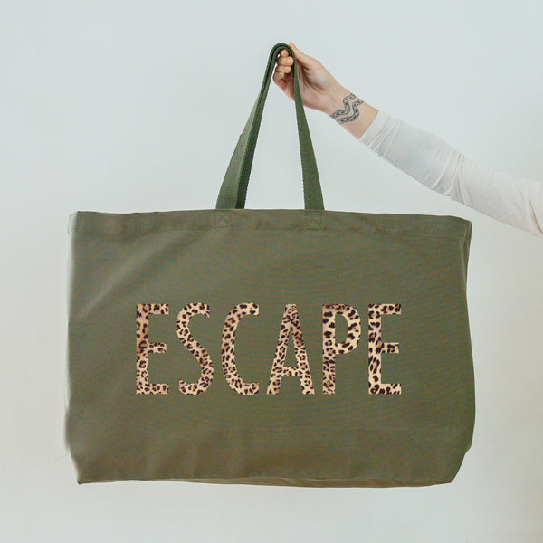Really Big Olive Green Tote Bag - Leopard Print Escape Slogan - Weekender Bag - Giant Canvas Grocery Bag - Large Canvas Shopper - Oversized Canvas Bag - Large Tote Bag