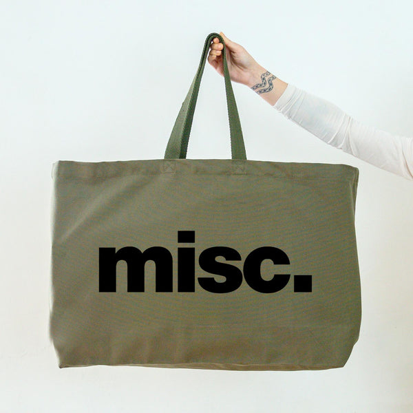 Really Big Oversized Olive Green Tote Bag With Misc. Slogan in Black