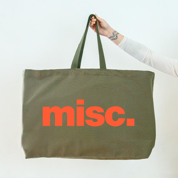 Really Big Oversized Olive Green Tote Bag With Misc. Slogan in Bright Coral