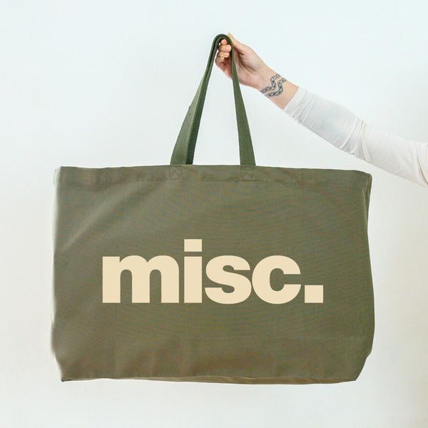 Really Big Oversized Olive Green Tote Bag With Misc. Slogan in Beige