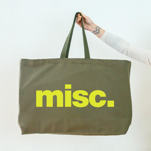 Really Big Oversized Olive Green Tote Bag With Misc. Slogan in Neon Yellow