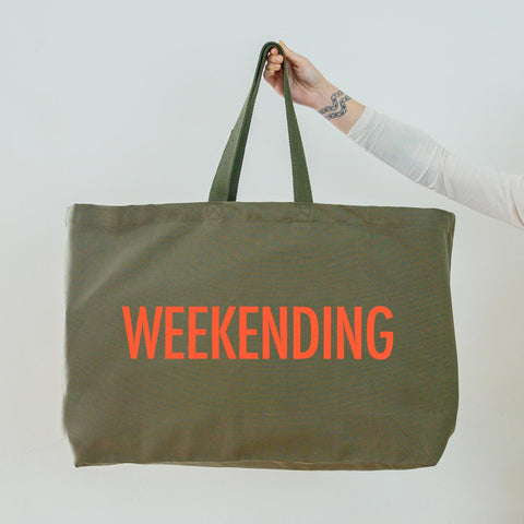 Olive Green Oversized Tote Bag - Weekending Slogan Printed in Coral - Really Big Bag. Large Canvas Shopper