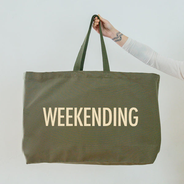 Olive Green Oversized Tote Bag - Weekending Slogan Printed in Cream - Really Big Bag. Large Canvas Shopper