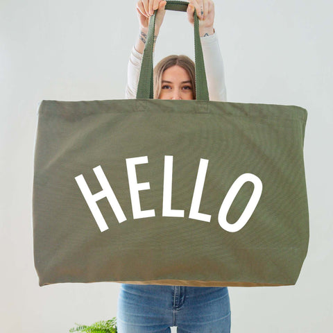 Really Big Oversized Olive Green Tote Bag With the Word 'HELLO' Printed In Big Letters In White Vinyl