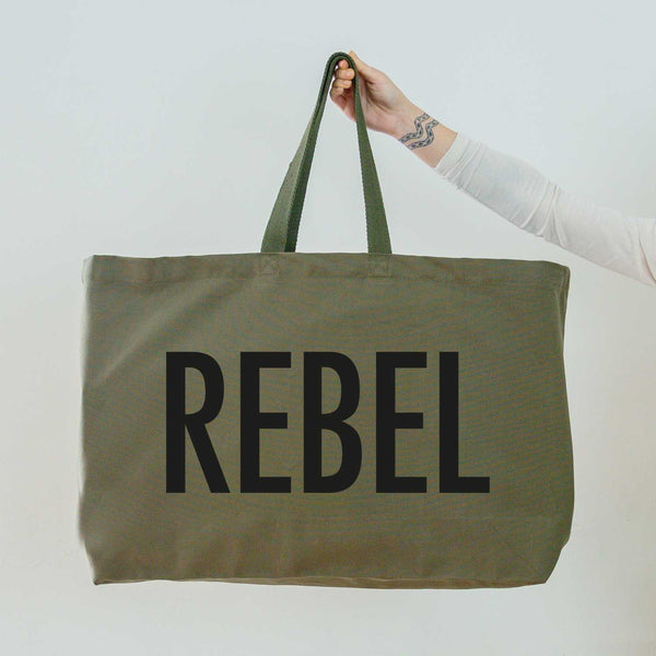 Really Big Oversized Tote Bag in Olive Green with Rebel Slogan Printed in Black