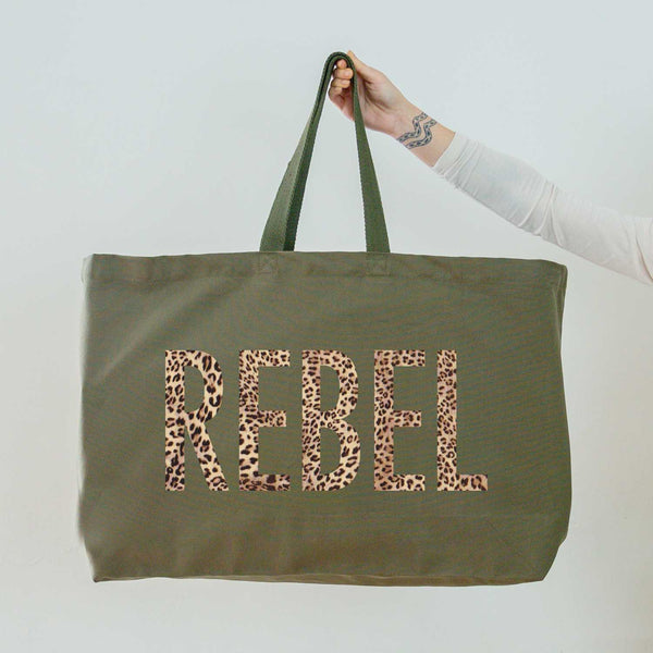 Really Big Oversized Tote Bag in Olive Green with Rebel Slogan Printed in Leopard Print