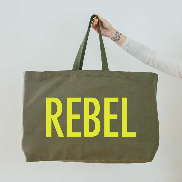 Really Big Oversized Tote Bag in Olive Green with Rebel Slogan Printed in Neon Yellow