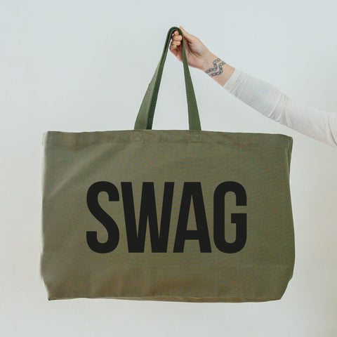 Really Big Olive Green Tote Bag - Black Swag Slogan - Weekender Bag - Giant Canvas Grocery Bag - Large Canvas Shopper - Oversized Canvas Bag - Large Tote Bag 