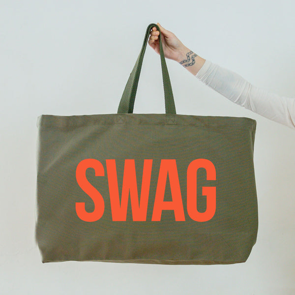 Really Big Olive Green Tote Bag - Coral Swag Slogan - Weekender Bag - Giant Canvas Grocery Bag - Large Canvas Shopper - Oversized Canvas Bag - Large Tote Bag 