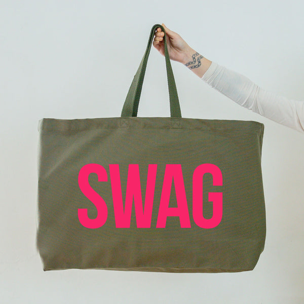 Really Big Olive Green Tote Bag - Neon Pink Swag Slogan - Weekender Bag - Giant Canvas Grocery Bag - Large Canvas Shopper - Oversized Canvas Bag - Large Tote Bag 