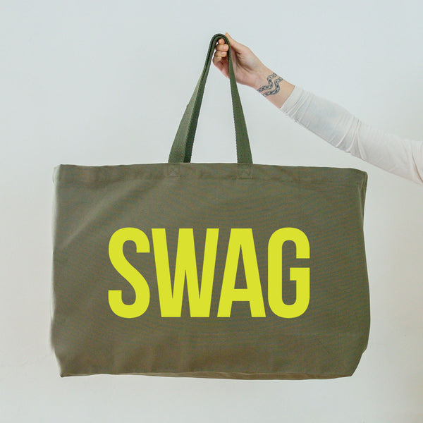 Really Big Olive Green Tote Bag - Neon Yellow Swag Slogan - Weekender Bag - Giant Canvas Grocery Bag - Large Canvas Shopper - Oversized Canvas Bag - Large Tote Bag 