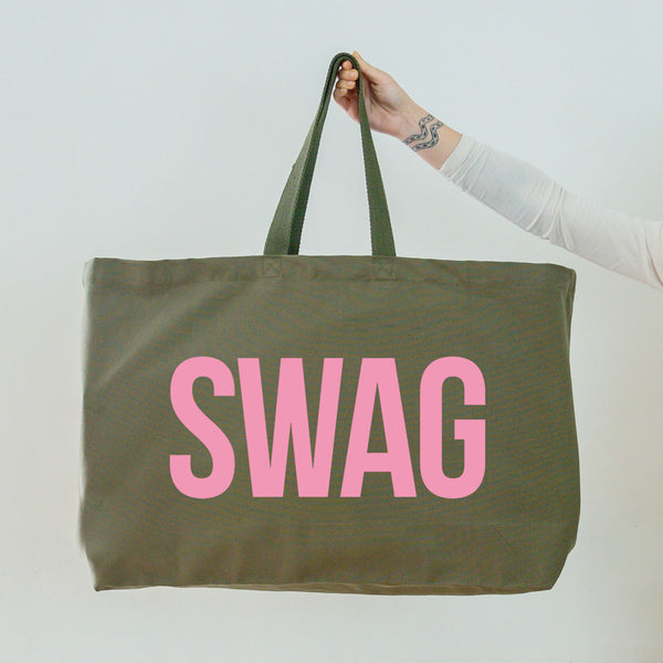 Really Big Olive Green Tote Bag - Light Pink Swag Slogan - Weekender Bag - Giant Canvas Grocery Bag - Large Canvas Shopper - Oversized Canvas Bag - Large Tote Bag 