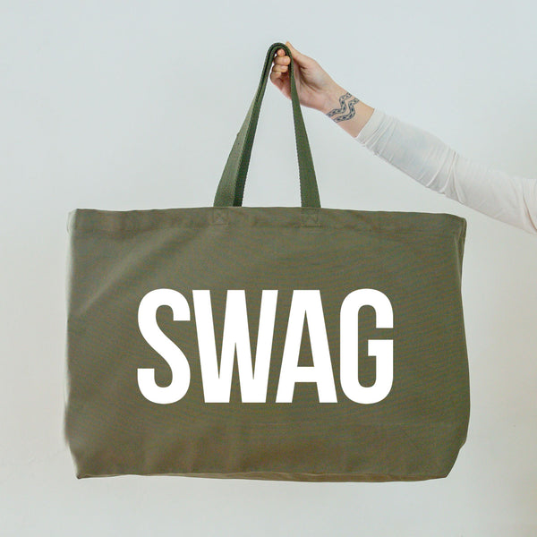 Really Big Olive Green Tote Bag - White Swag Slogan - Weekender Bag - Giant Canvas Grocery Bag - Large Canvas Shopper - Oversized Canvas Bag - Large Tote Bag 