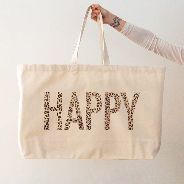 Really Big Oversized Tote Bag in Natural Canvas with Happy Slogan Printed in Leopard Print