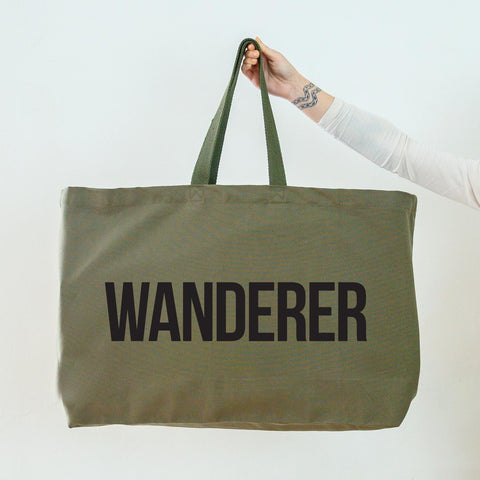 Really Big Oversized Olive Green Tote Bag With Wanderer Slogan Printed in Black