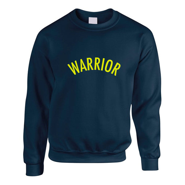 Navy sweatshirt with a warrior slogan printed in neon yellow
