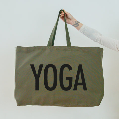 Yoga Bag - Really Big Yoga Tote Bag - Olive Tote Bag With the word Yoga printed in black
