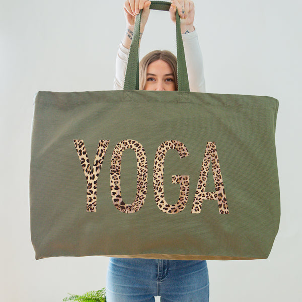 Yoga Bag - Really Big Yoga Tote Bag - Olive Tote Bag With the word Yoga printed in leopard print