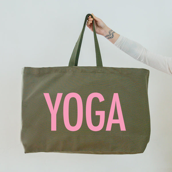 Oversized Yoga Bag - Really Big Yoga Tote Bag - Olive Tote Bag With the word Yoga printed in soft pink