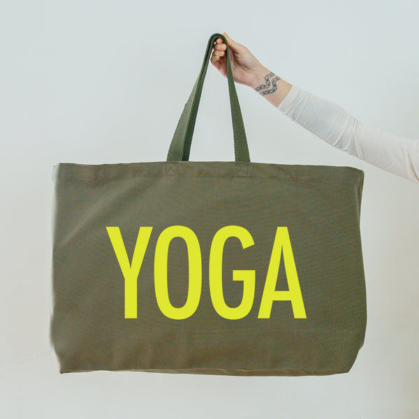 Yoga Bag - Really Big Yoga Tote Bag - Olive Tote Bag With the word Yoga printed in neon yellow